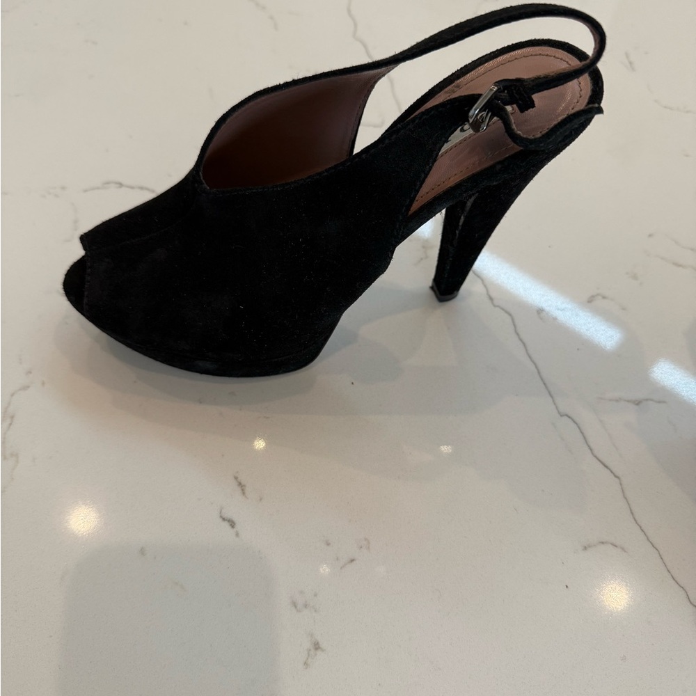 Prada Black Suede Peep Toe Platform Slingback Pump - size 38 - Picture 3 of 4